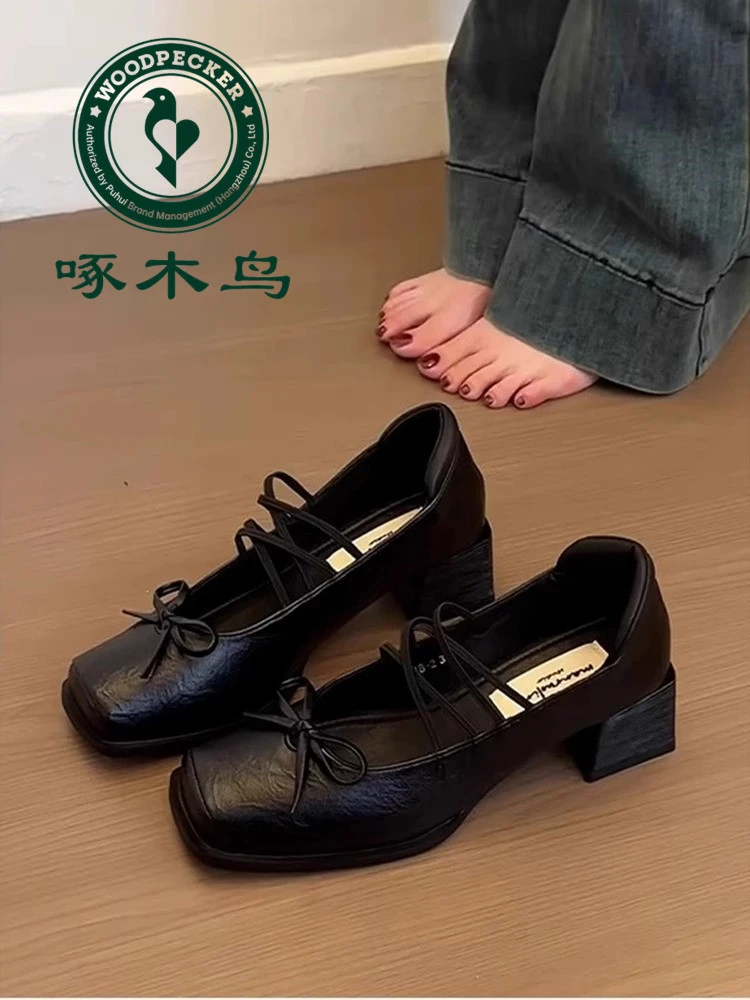啄木鸟高跟鞋2025新款春夏季粗跟单鞋法式方头芭蕾舞玛丽珍小皮鞋