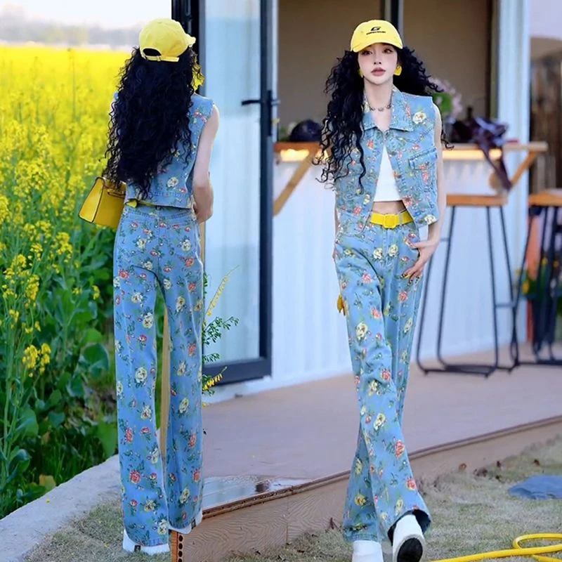 设计感时尚碎花牛仔套装女夏季新款短款马甲阔腿裤时髦穿搭两件套