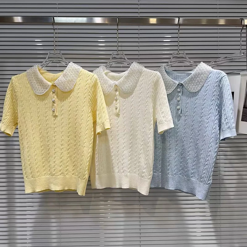 AZZHEN【告白情书】重工领口针织短袖上衣百搭针织衫AZ4KBT13-00