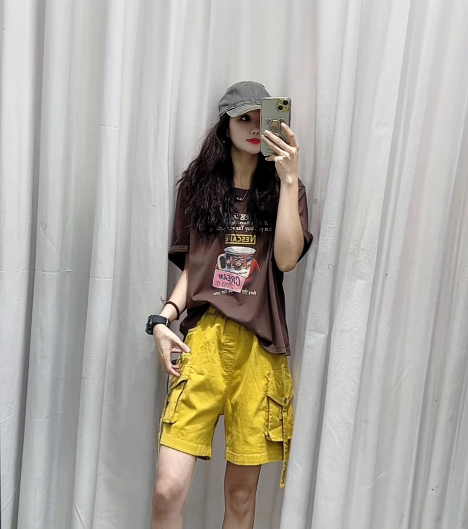 时尚潮流休闲百搭重工印花夏季圆领正肩宽松纯棉T353