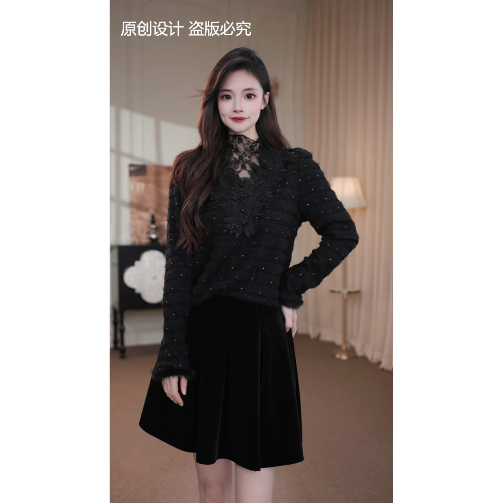 旷宁宁·碎闪星河·秋冬装时尚黑色设计感凉片小衫上衣女装-91323