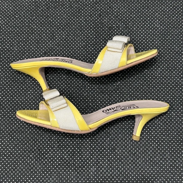 95新 FERRAGAMO/菲拉格慕 35.5码 23cm 黄色 蝴蝶结 贴底 高跟鞋