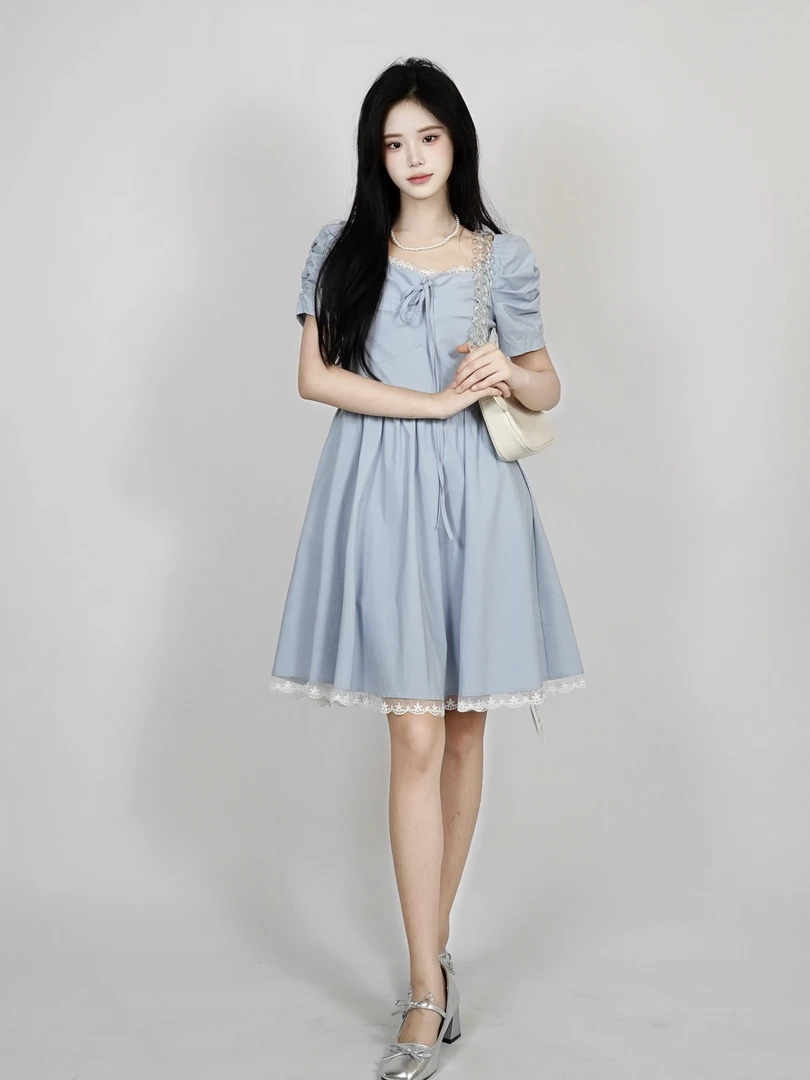 夏季法式公主裙方领花苞袖连衣裙小个子气质连衣裙甜美收腰显瘦