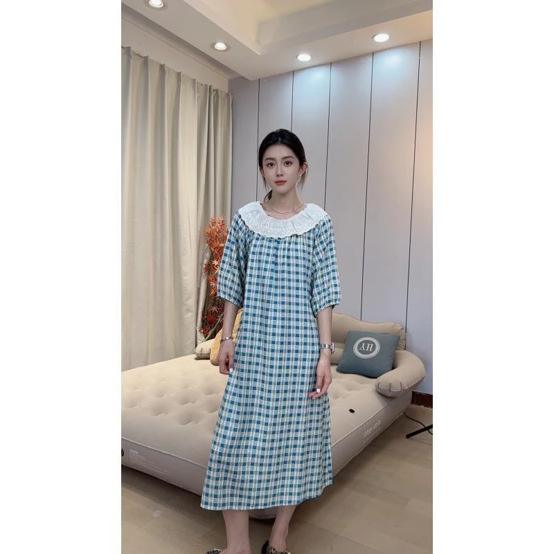 绵绸夏季新款花边人造棉睡衣清新宽松遮肚子大码连衣裙