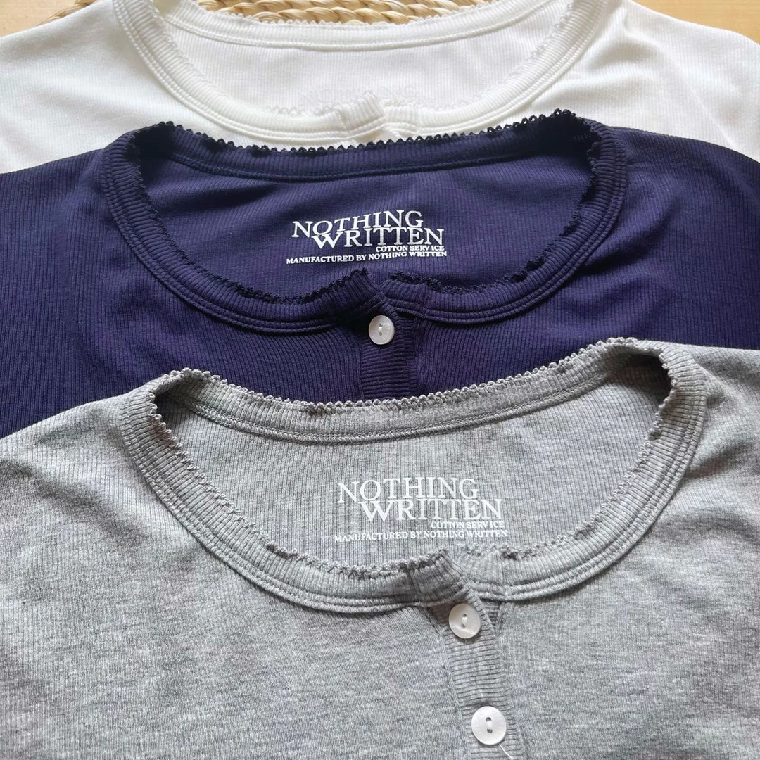 韩国nothing written扣子花边打底夏季圆领