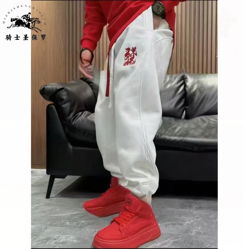 新款冬季加厚加绒休闲裤子男款蛇年中国红發财重工刺绣直筒束脚裤