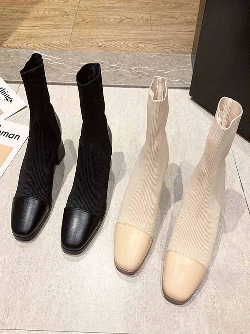 123#瘦瘦靴单靴中跟瘦瘦靴平底中筒针织袜靴方头英伦风
