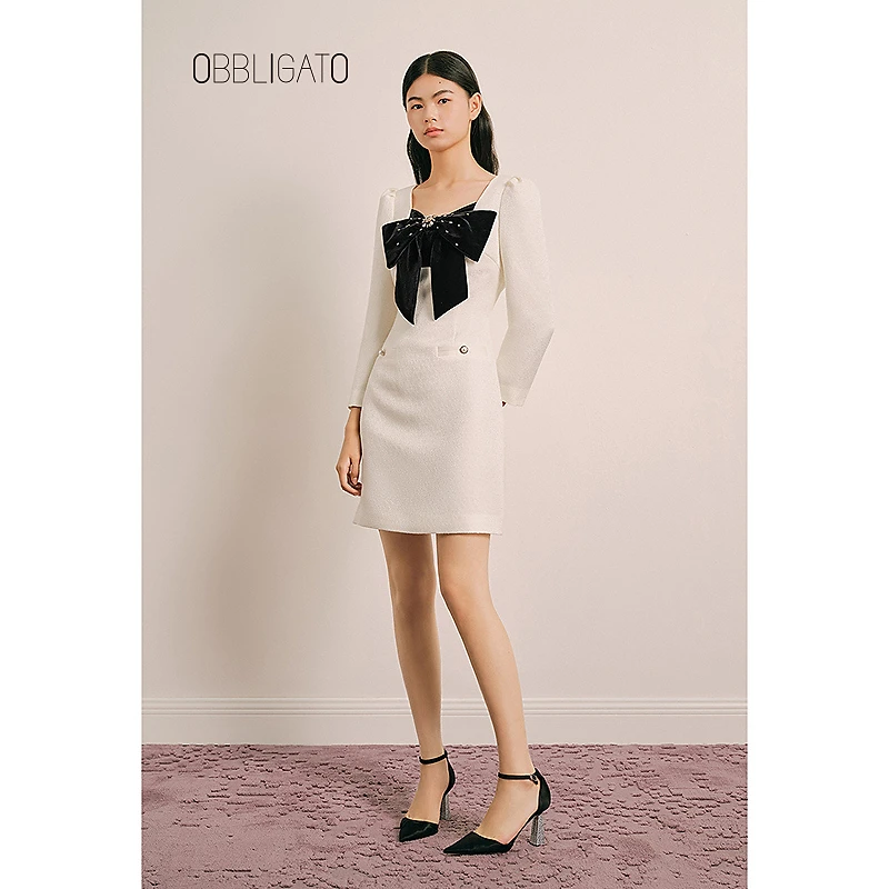 OBBLIGATO奥丽嘉朵1C64505400专选秋冬丝绒蝴蝶结连衣裙