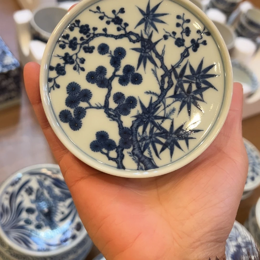 柴窑手工手绘山水盖置