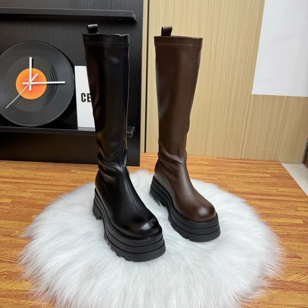 欧洲站厚底长筒靴女2025新款秋冬季加绒不过膝显瘦增高筒骑士靴潮