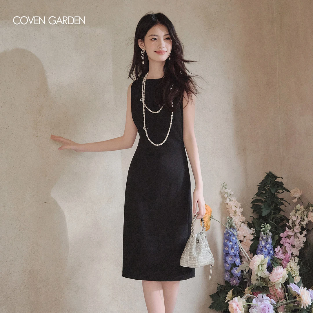 哥文花园 夏季名媛小黑裙中长款无袖醋酸连衣裙CLA2081350
