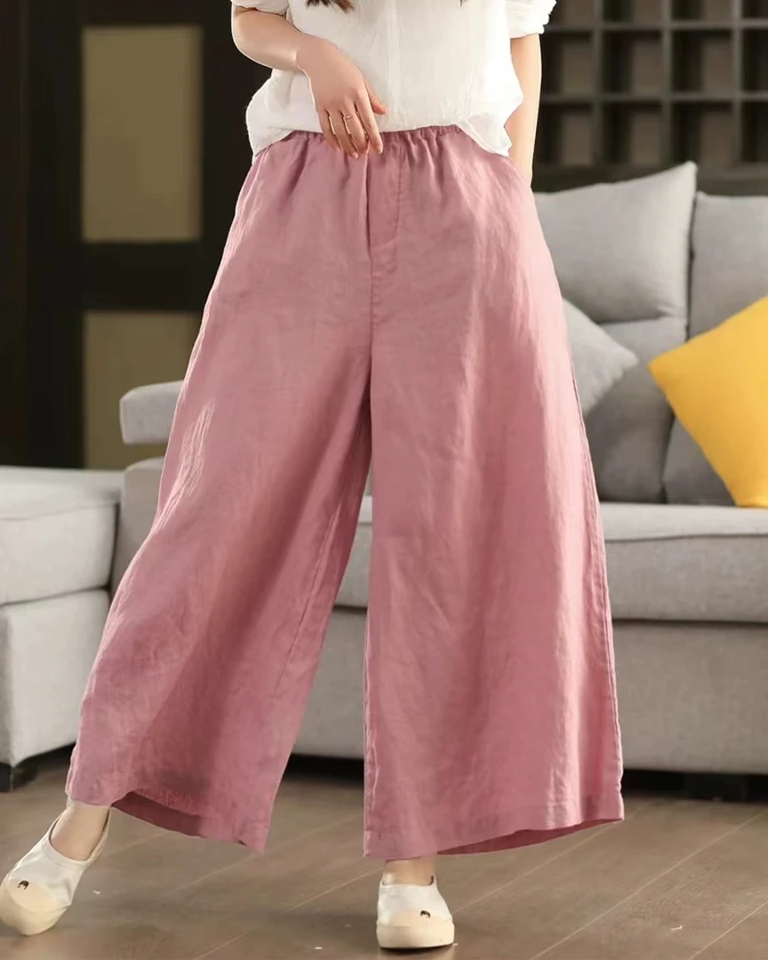 纯色亚麻休闲裤夏款薄款松紧腰百搭宽松阔腿裤
