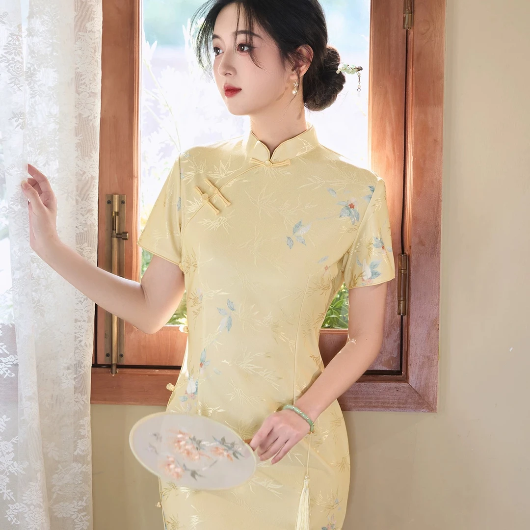 【2718 忆江南 黄色】（蓝色包边，实物以直播间为准）中国风旗袍