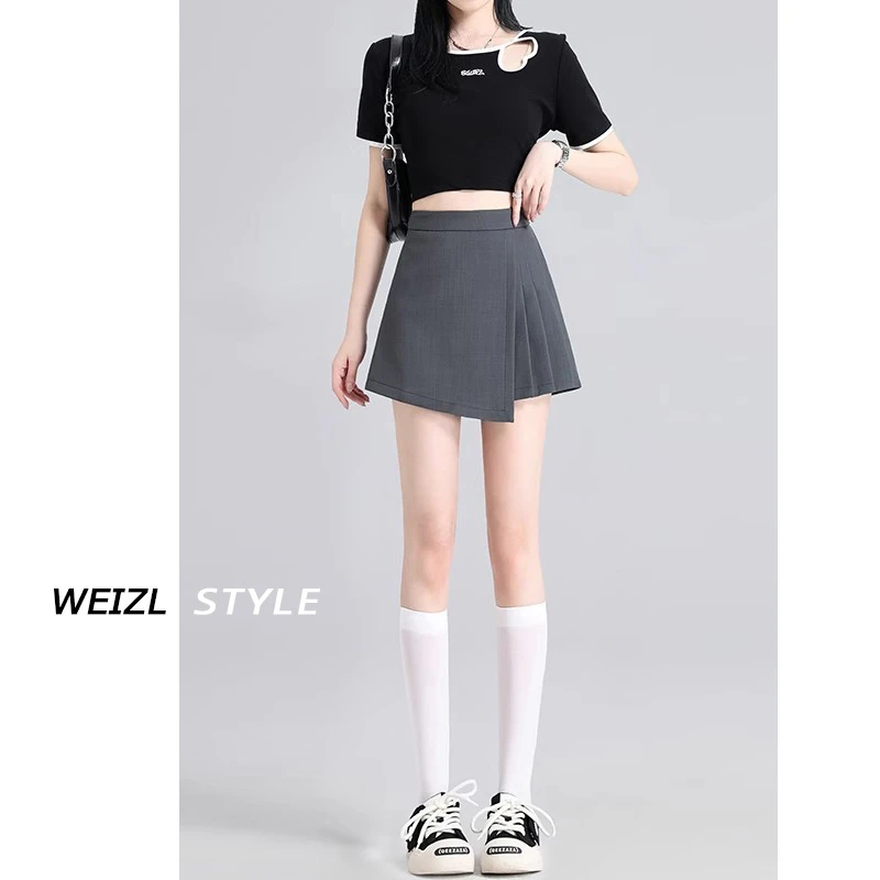 不规则灰色西装半身裙女夏季2025新款小个子通勤高腰A字百褶裙裤