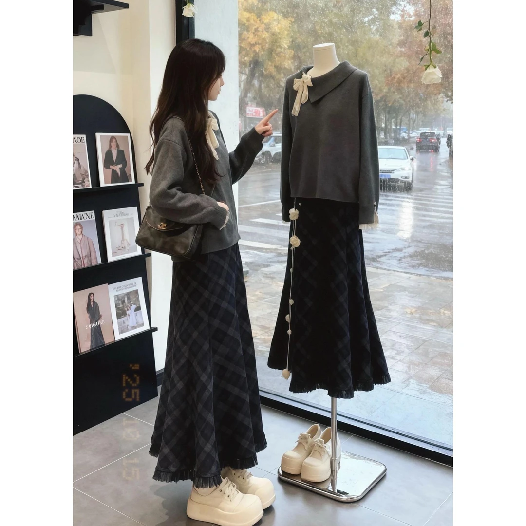 秋冬搭配一整套韩系漂亮针织衫毛衣女高腰格纹半身裙两件套高级感