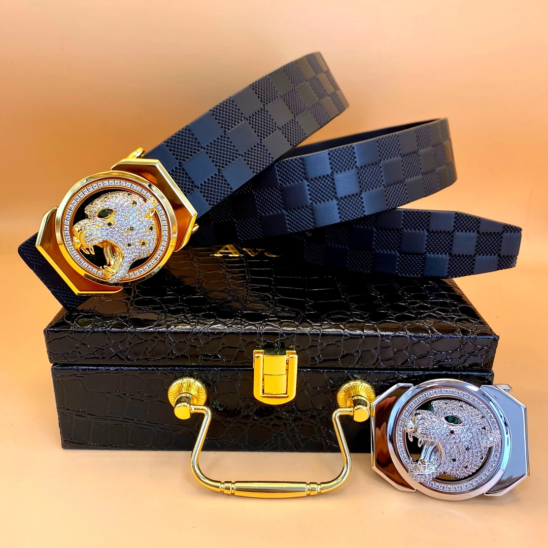 【镶钻老虎头+格纹套装】格纹皮带男真皮内穿版扣腰带商务牛皮裤带