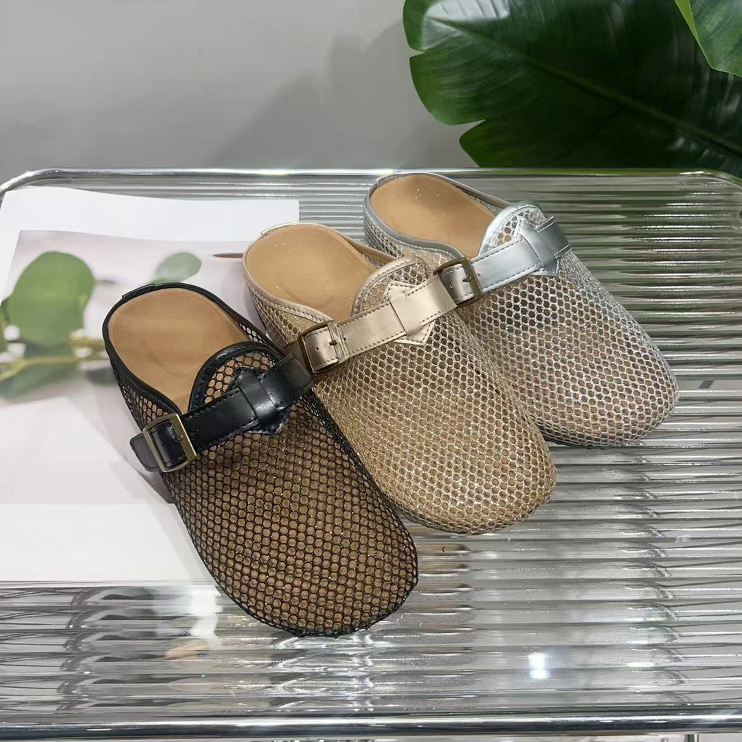 法式镂空包头女夏外穿新款平底透网懒人包头拖鞋8186(偏大一码)