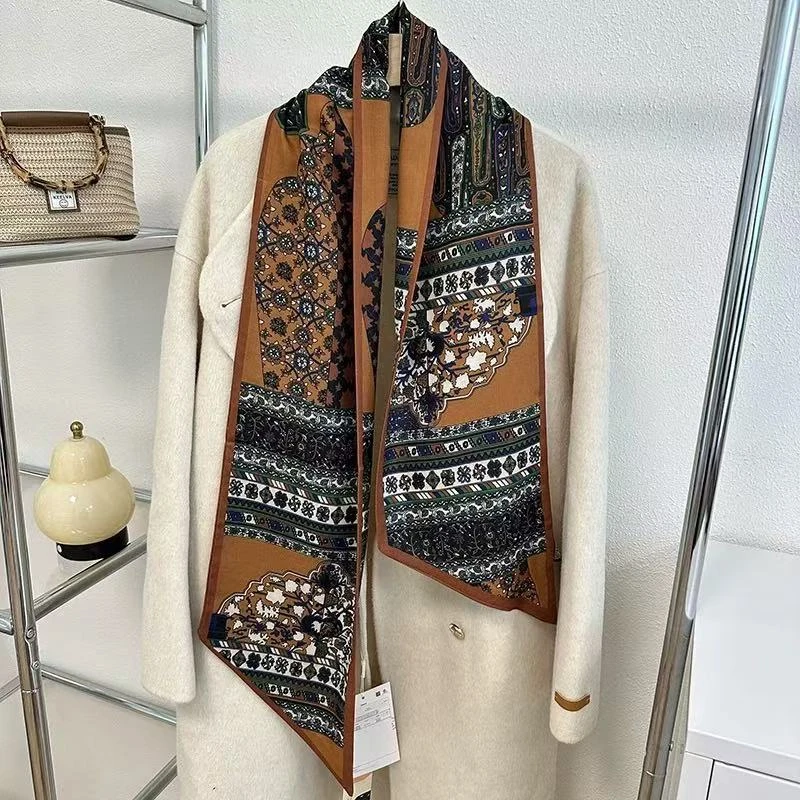 （焦糖碎花拼块）20*150左右斜角飘带围巾丝巾