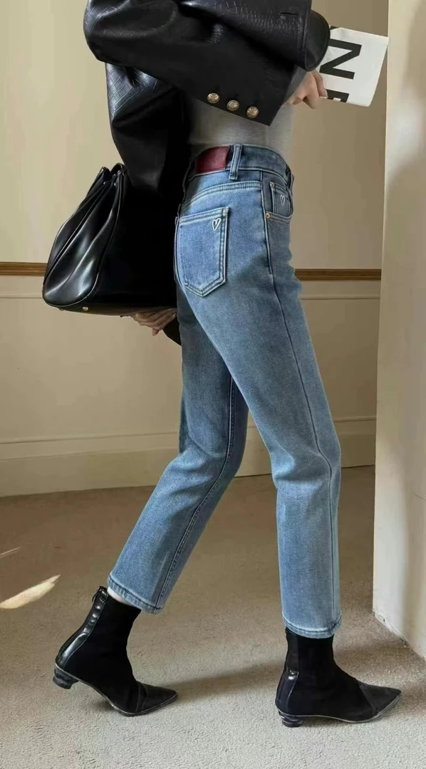 7549-2-冬季小个子九分加绒加厚软牛仔厚料烟管裤