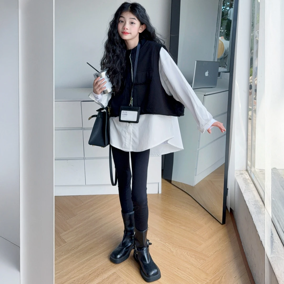 女童秋季新款甜酷韩系纯色打底拼接撞色假两件衬衣打底裤三件