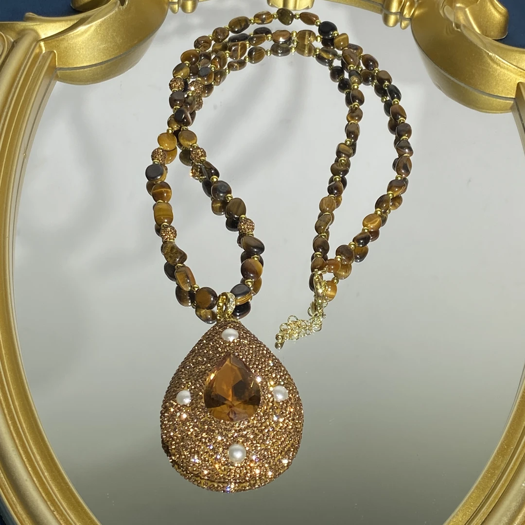 铜合金合成锆石项链 TTSD 美拉德色水滴气质毛衣链 2675