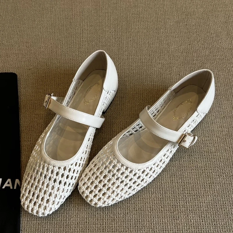 夏季编织法式一字扣带凉鞋 网红小红书方头平底单鞋大码女鞋40-42