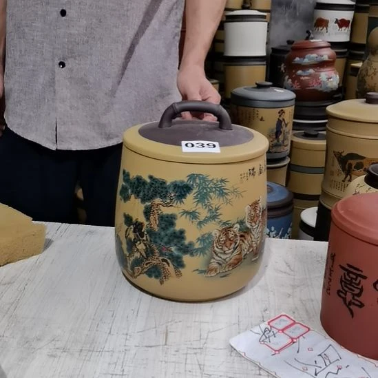 紫砂茶叶罐正品石瓢双虎献瑞039