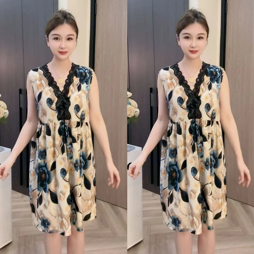 5030夏季宽松时尚V领蕾丝蝴蝶结睡裙空调服冰凉透气可外穿