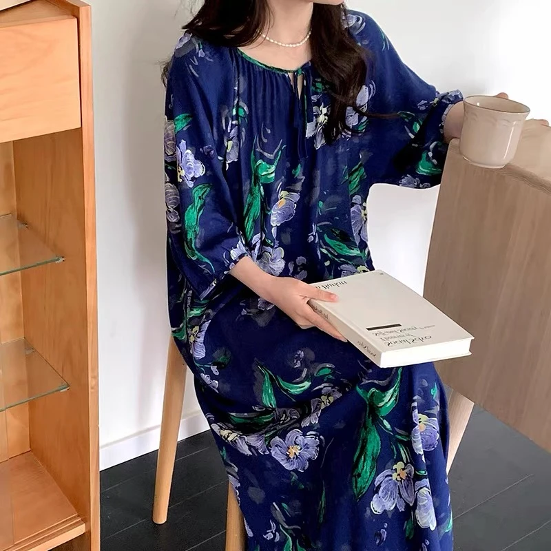 大码棉绸夏季短袖睡衣家居服夏天睡裙中长款女士度假风宽松纯棉