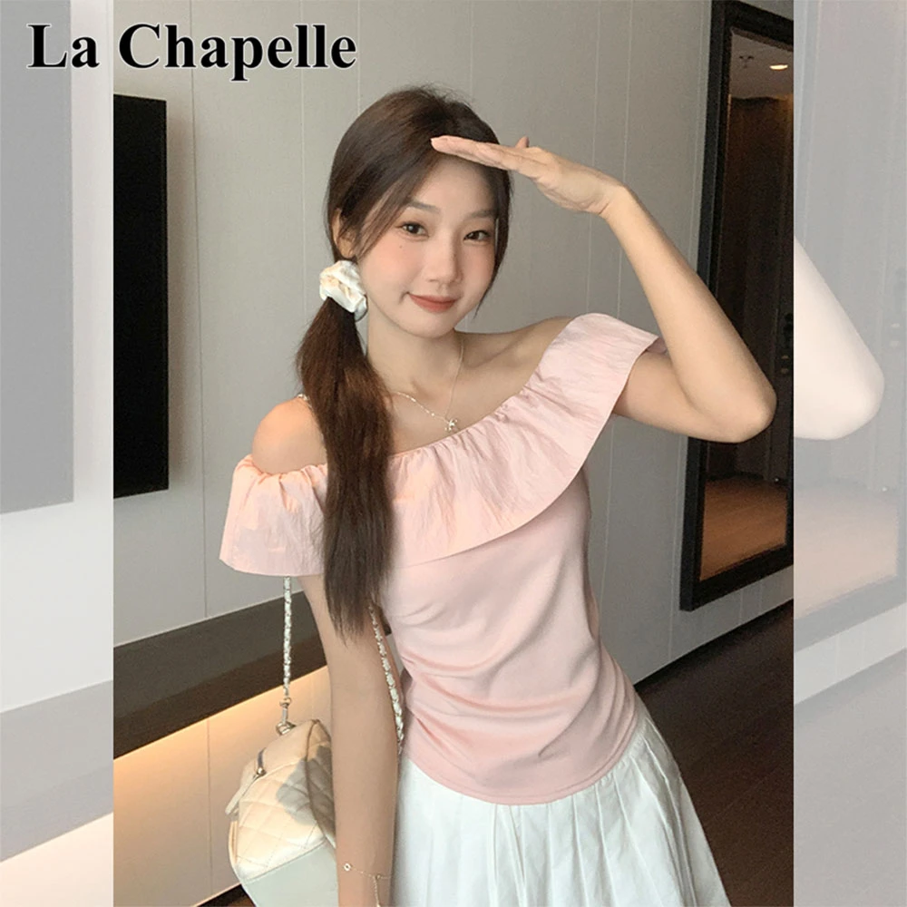 拉夏贝尔粉色一字领荷叶边短袖T恤女装夏季新款修身收腰褶皱上衣