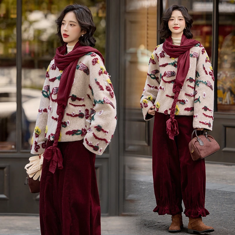 韩系气质羊毛呢羽绒服套装女2025年冬季新款洋气时髦灯笼裤三件套