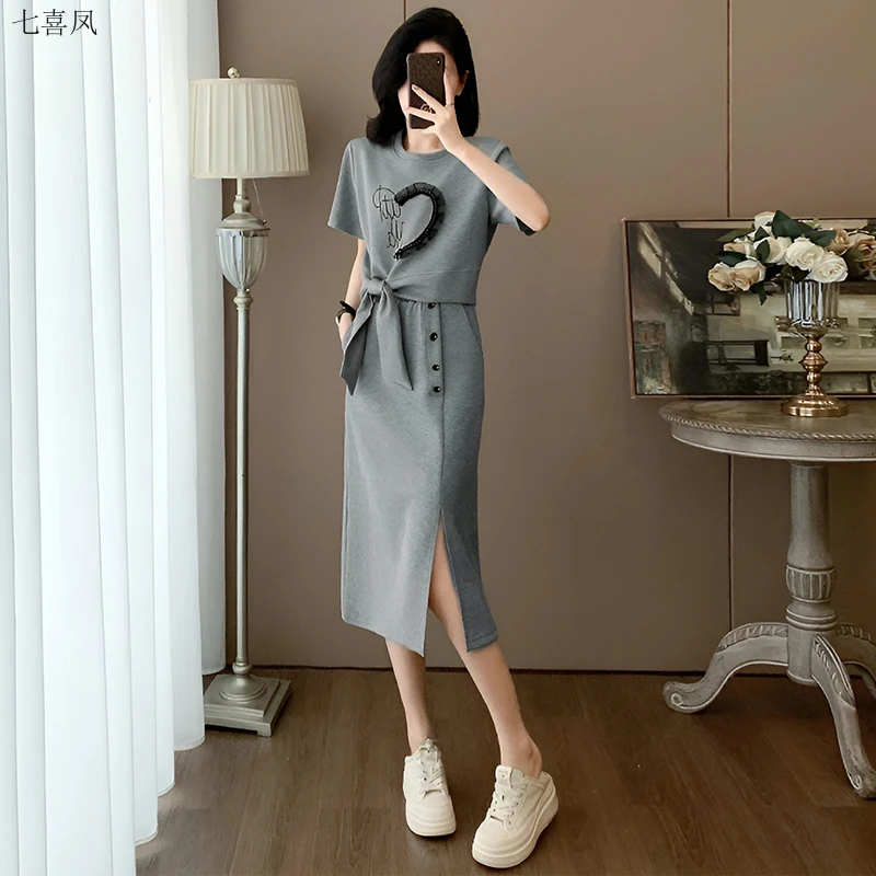 时尚潮感设计女士半身裙两件套装棉涤纶混纺灰色黑色小众新款