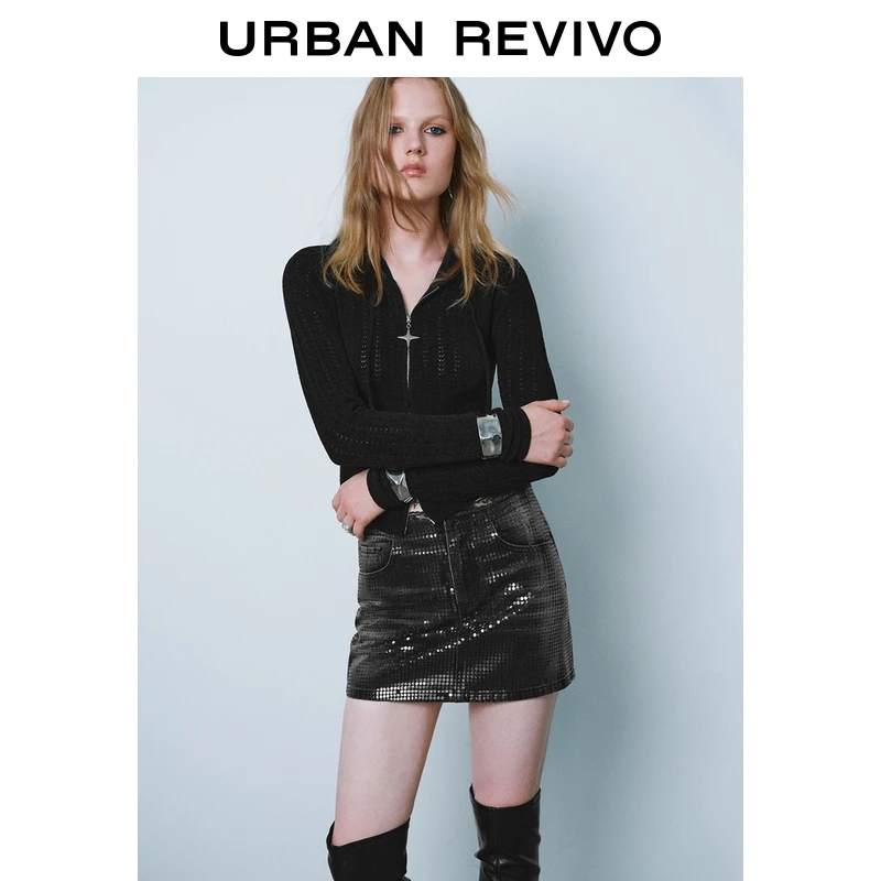 UR2026春季新款女装设计感镂空连帽针织开衫UYV950035+