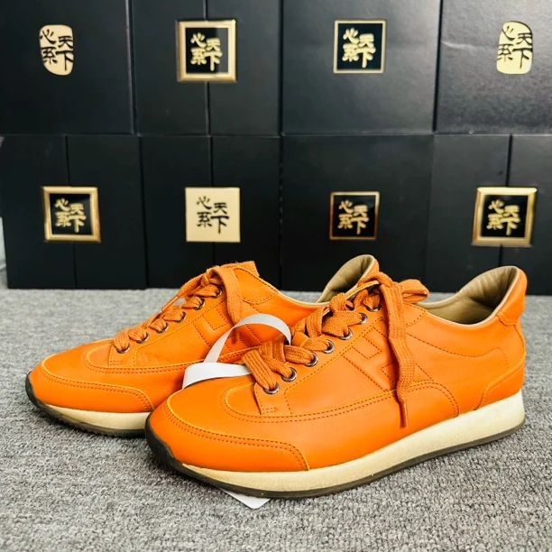 95新 Hermes/爱马仕 橙色拼皮运动鞋 37码 ysc4892
