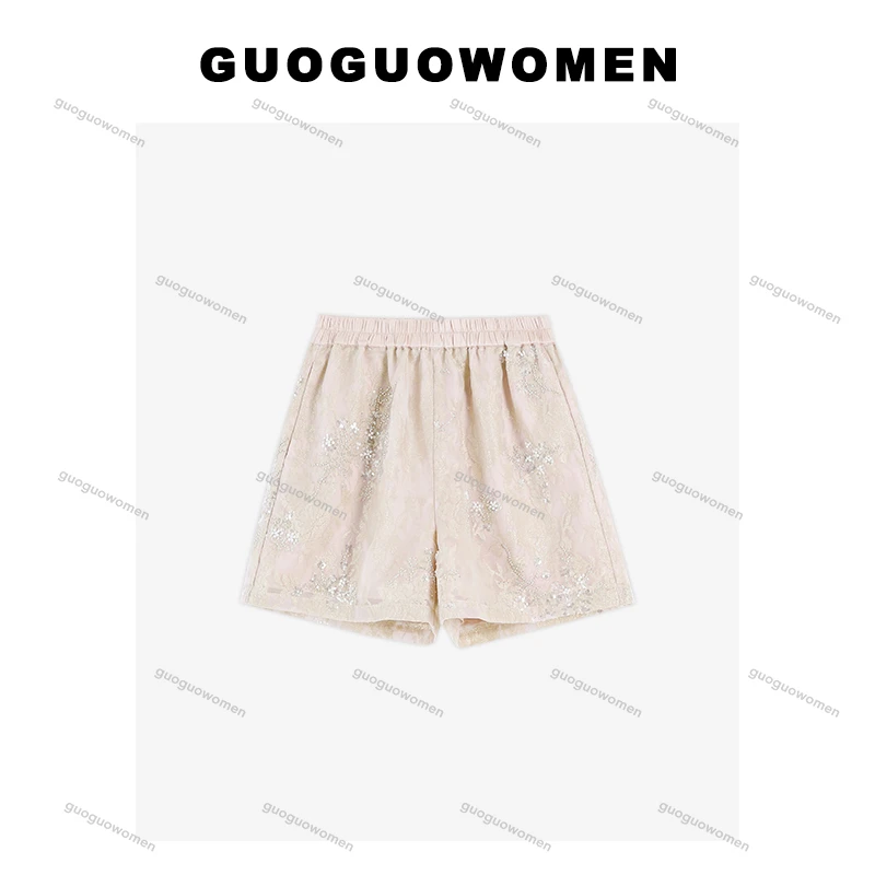 果果家 新中式亮片刺绣薄款国风裤子2025春季女装休闲裤短裤
