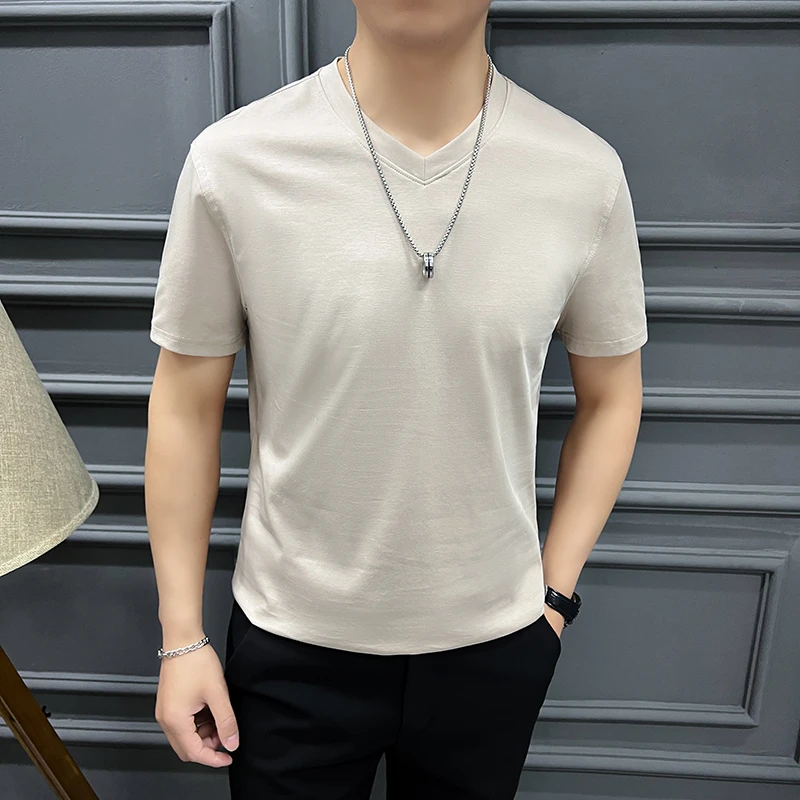 高级感男装2025年夏季新款v领薄款短袖弹力T恤灰色半袖打底衫圆领