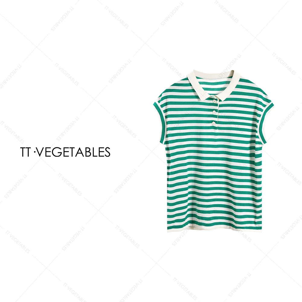 TT・VEGETABLES【序白】绿蓝条 桑蚕丝混纺精致条纹短袖T恤511842