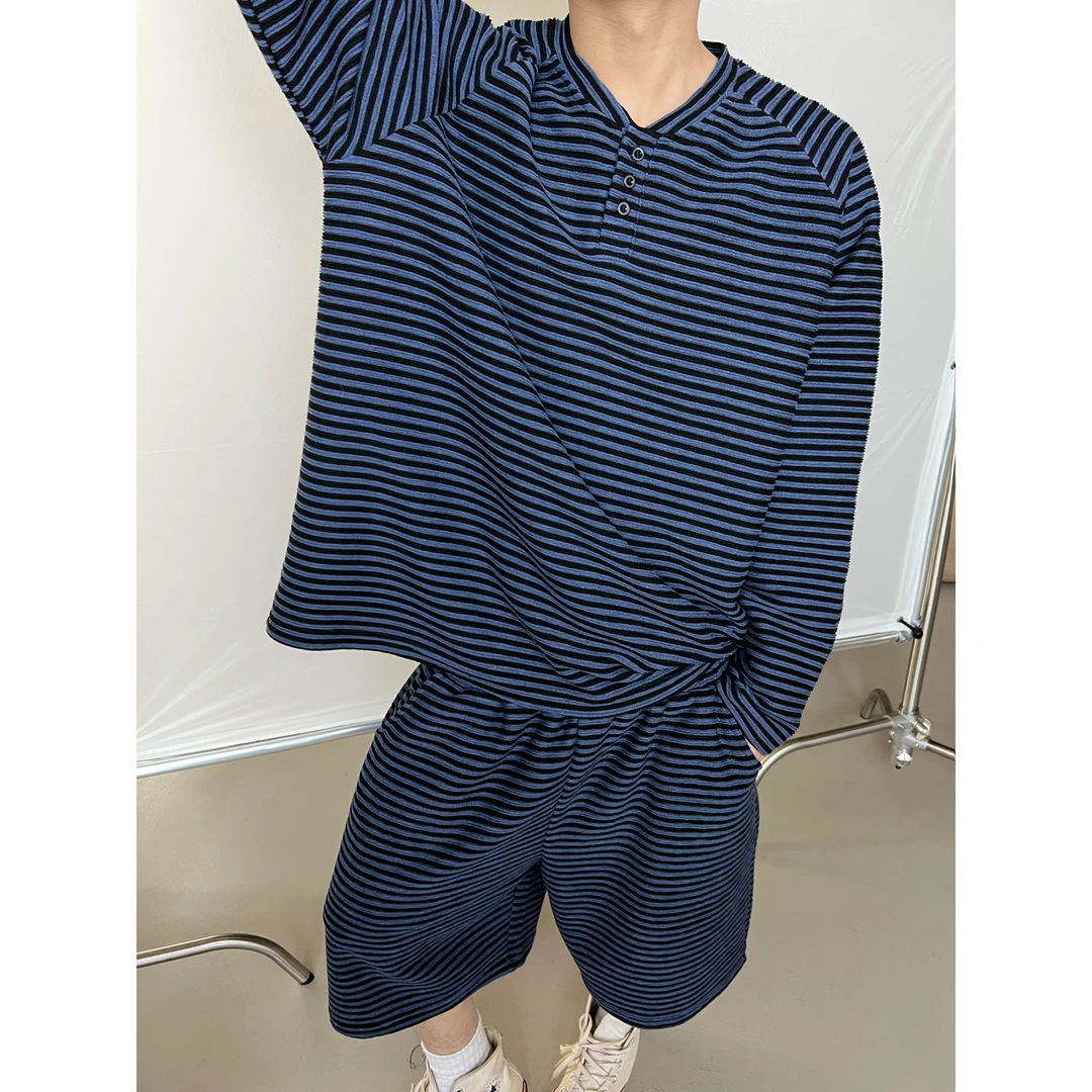 dannyandzee春夏复古百搭慵懒宽松亨利领长袖短裤休闲条纹套装703