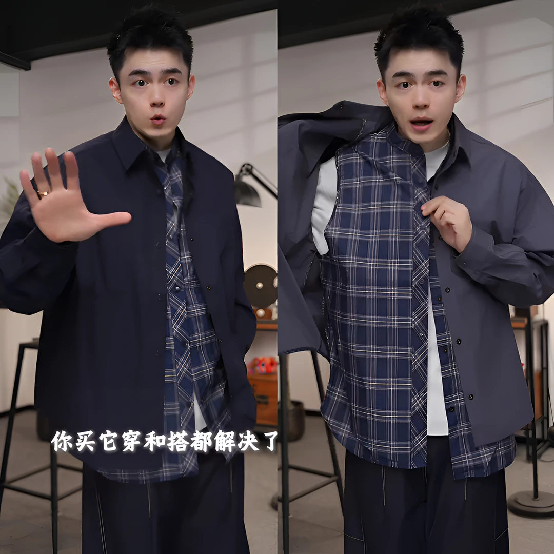 春秋新款美式潮牌假两件衬衫男士结构设计感百搭时尚休闲情侣外套