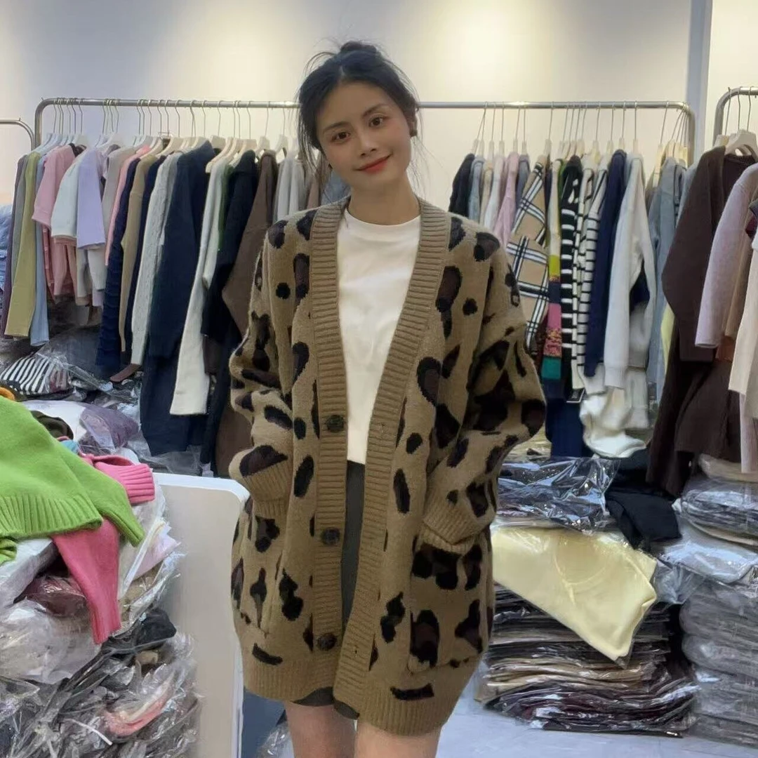 【店长推荐】针织女欧美风慵懒风豹纹毛针织衫韩版宽松百搭上衣