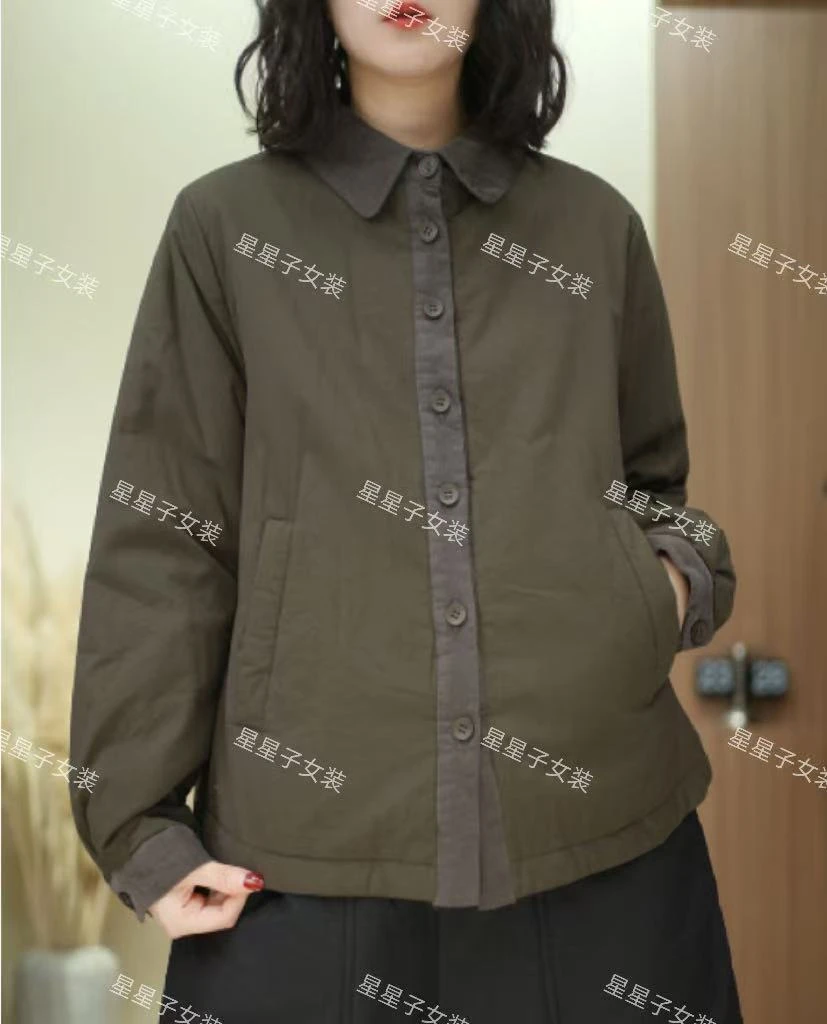 2025纯棉夹棉灯芯绒拼接保暖冬季女士休闲时尚衬衫579