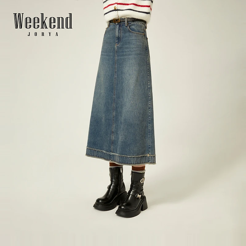 卓雅周末冬季新款时尚个性高腰磨毛牛仔中长款百搭半身裙EJWDDQ02
