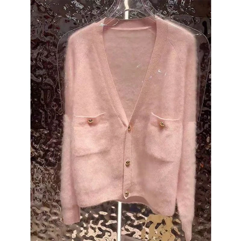 ZZS6533秋冬法式高级小香风软糯针织开衫女粉色薄款毛衣外套上衣