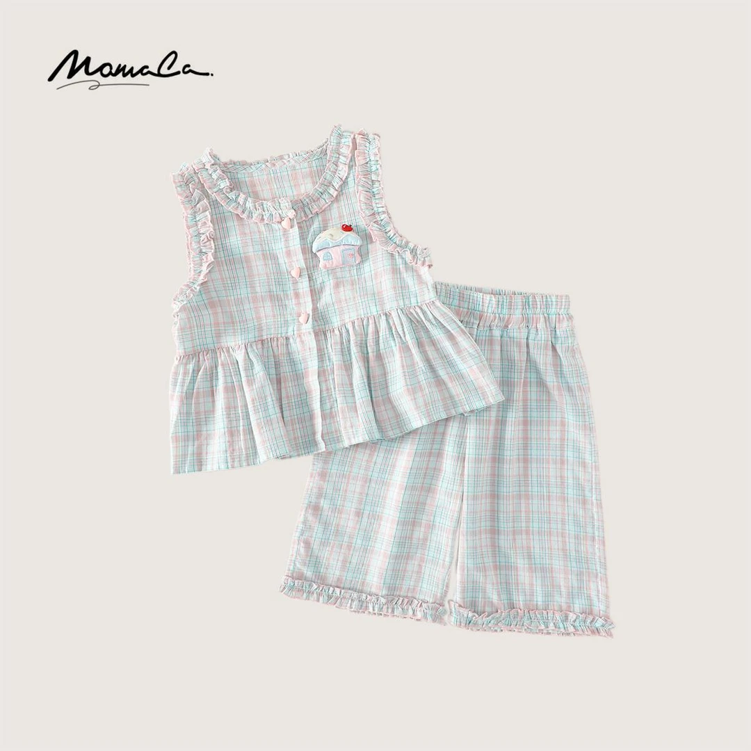 MOMOCO童装夏季洋气花边格子背心七分裤套装宝宝77620580076