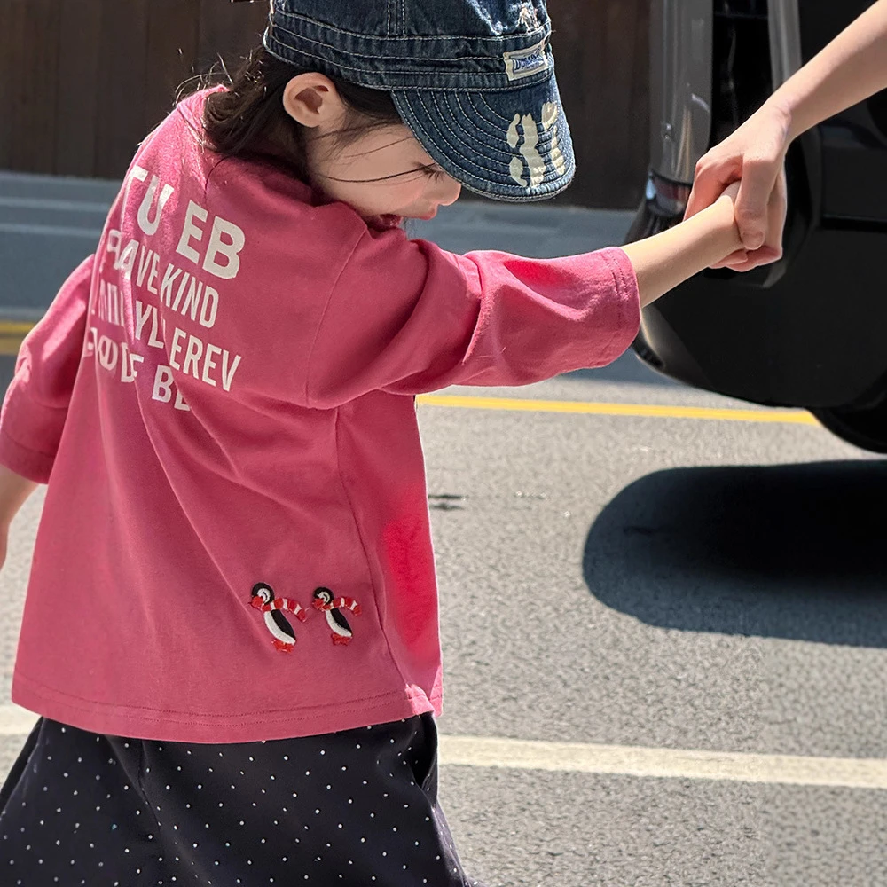 儿童日系企鹅字母T恤男女童圆领长袖上衣刺绣2025秋装新款日韩系