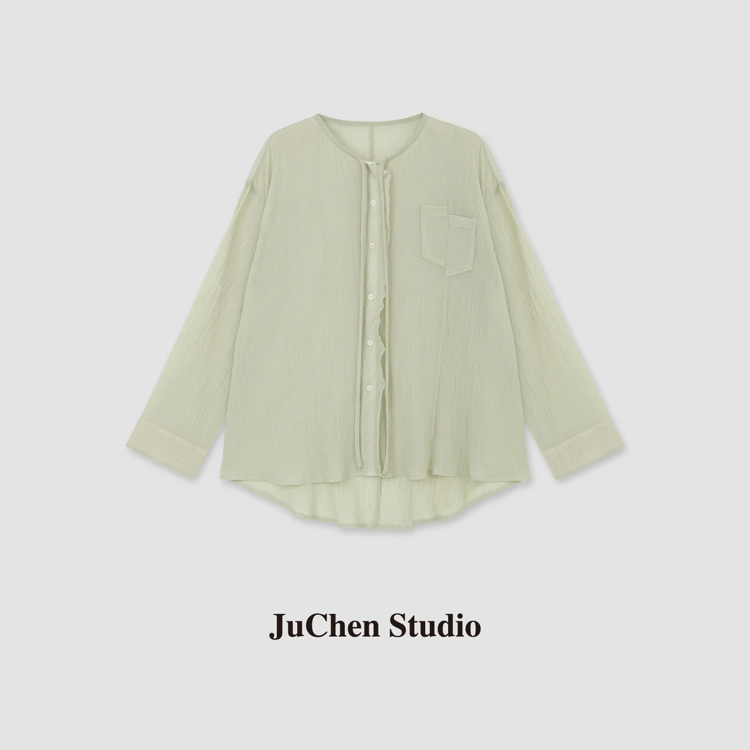 “浅草铃”微皱肌理感飘带纯色通勤气质显瘦宽松衬衫 SS023788