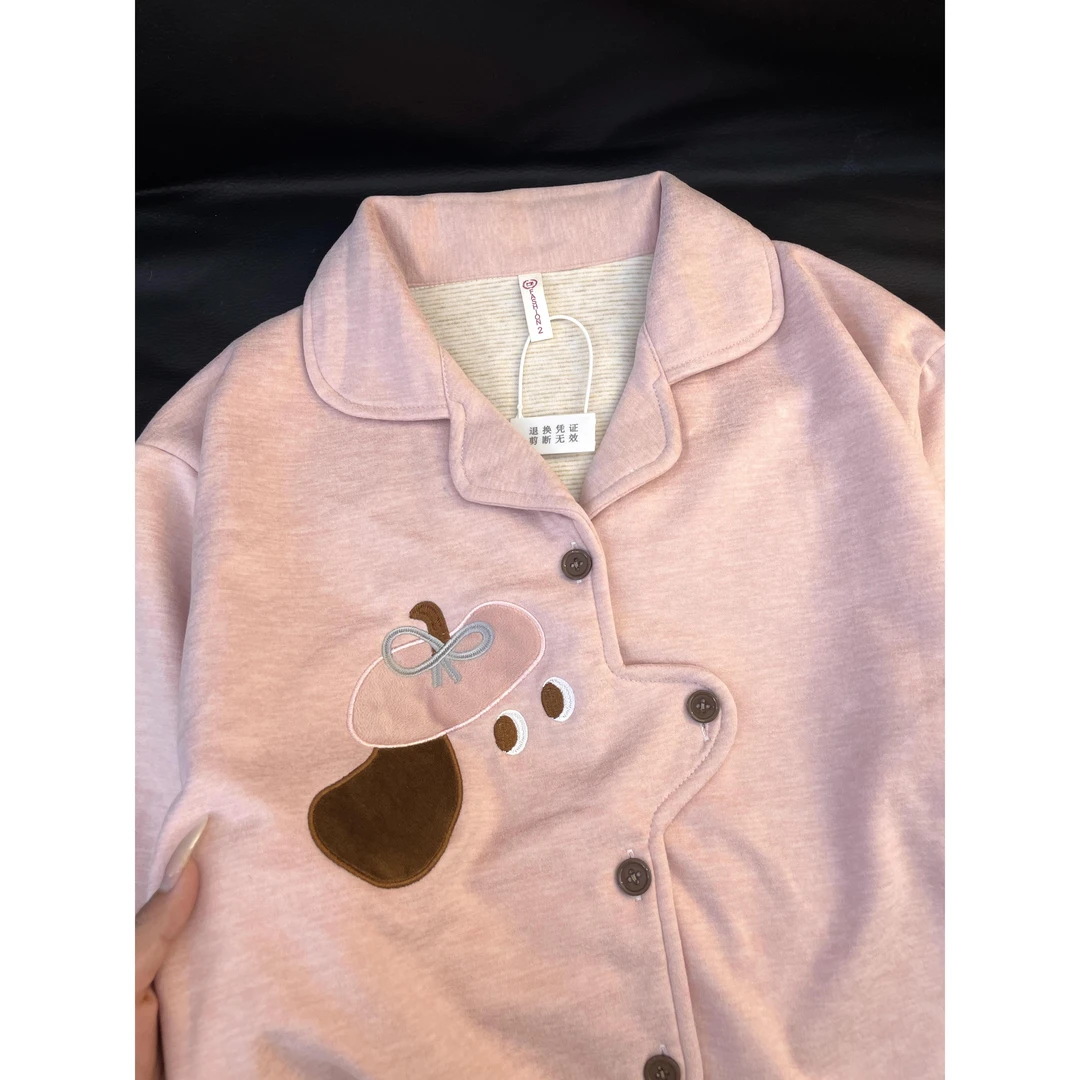 甜美卡通设计感德绒睡衣女春秋新款加绒加厚保暖家居服套装可外穿