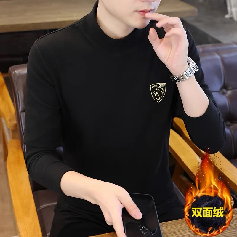 冬季新款男士半高领德绒打底衫中领刺绣双面绒保暖内搭外穿上衣潮