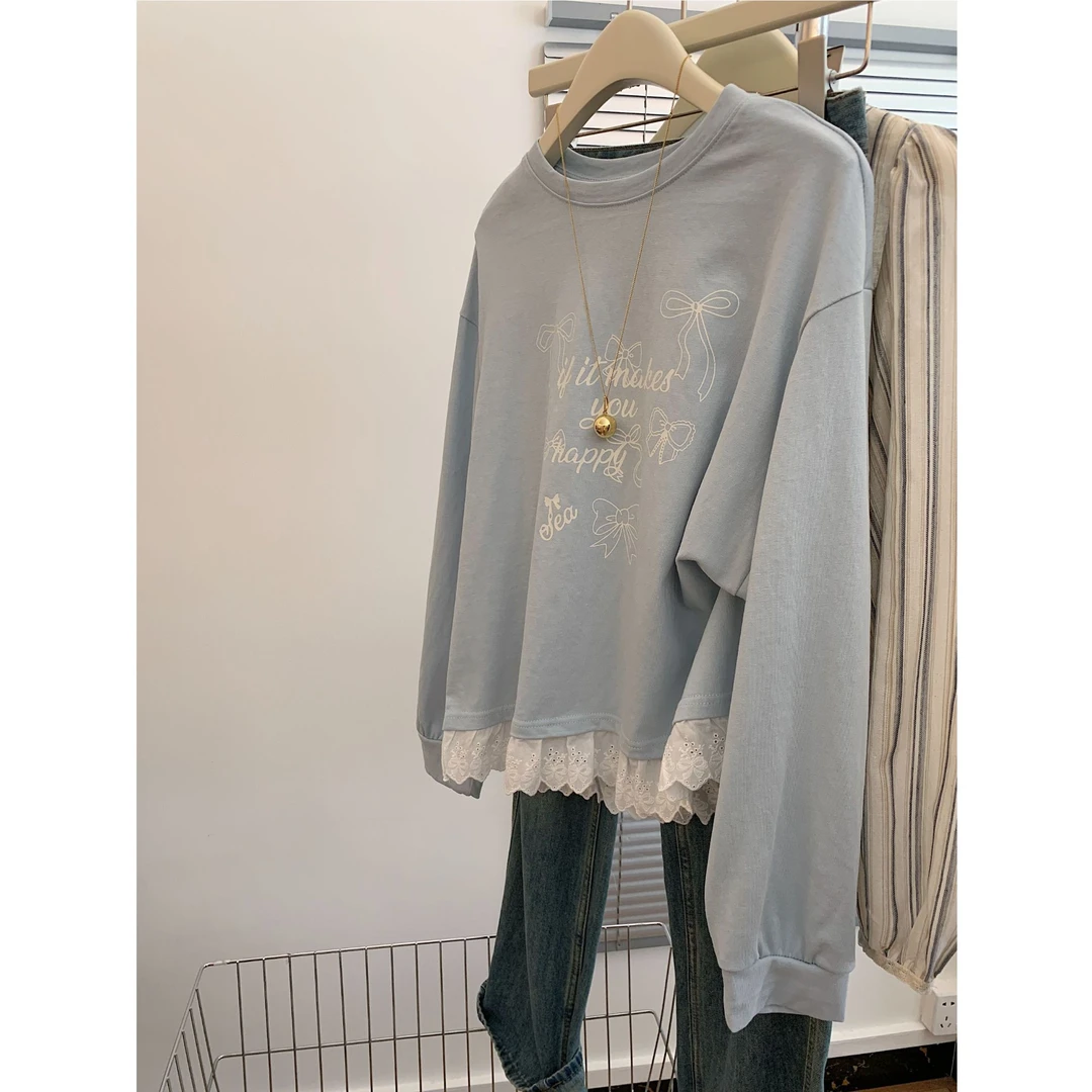 蕾丝拼接蝴蝶结假两件内搭圆领新款中长款卫衣女款宽松慵懒风上衣