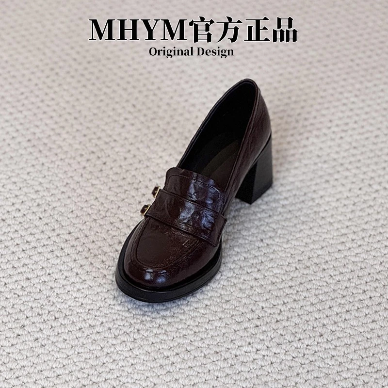 MH官方复古英伦风百搭真皮乐福鞋女皮带扣一脚蹬高跟通勤小皮鞋